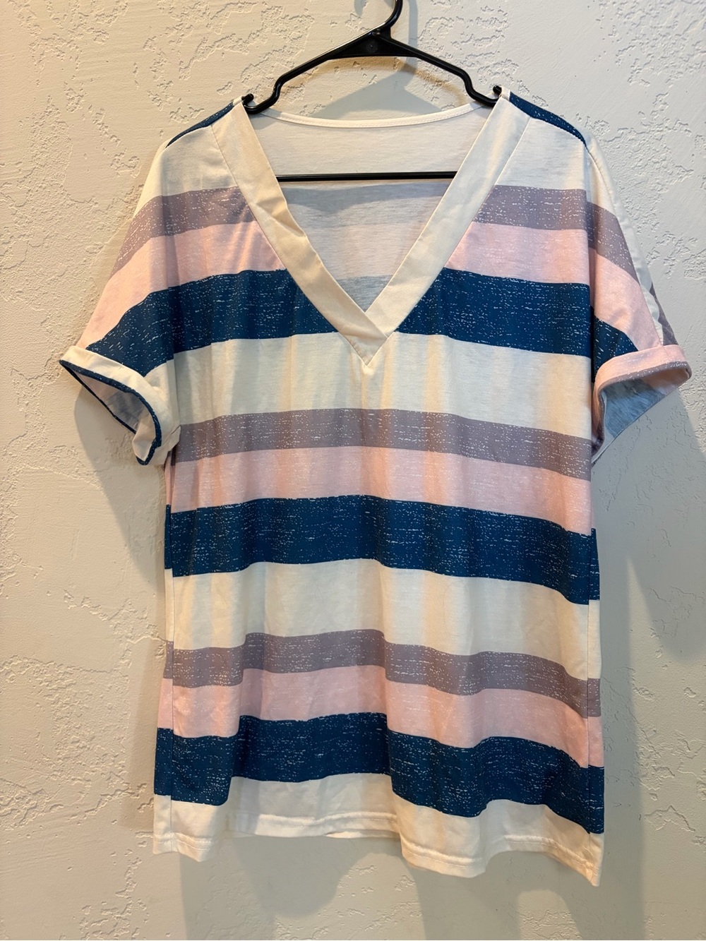 Striped V-Neck Short Sleeve Tee in Navy, Pink & Cream